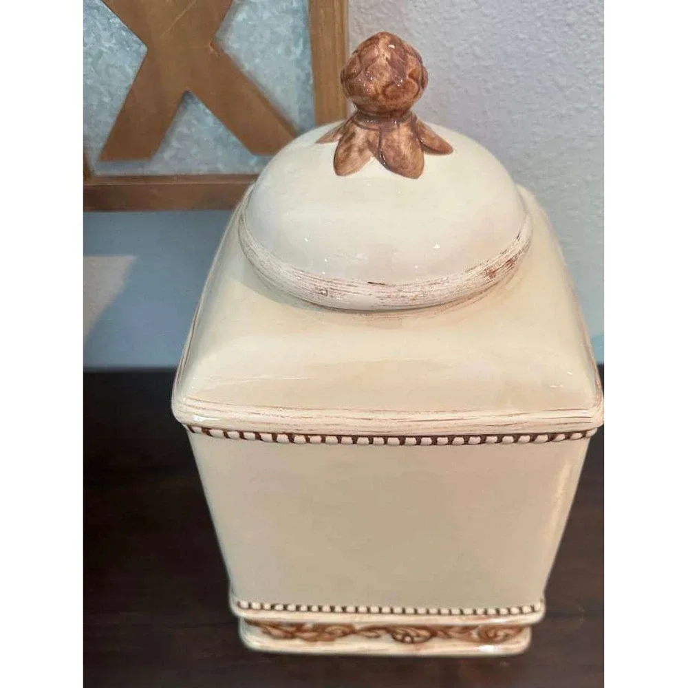 Nonnis Ceramic Biscotti Jar Cream Brown Artichoke Finial Kitchen Canister